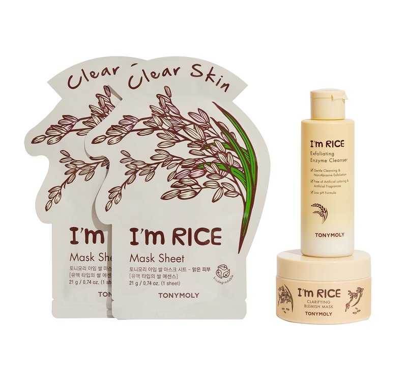TONYMOLY I'm Rice Clarifying Skincare Set – 3-Step Face Care for Clear, Hydrated Skin – Includes Enzyme Powder Cleanser, Blemish Mask & Nourishing Sheet Masks – Gentle Exfoliation & Oil Control