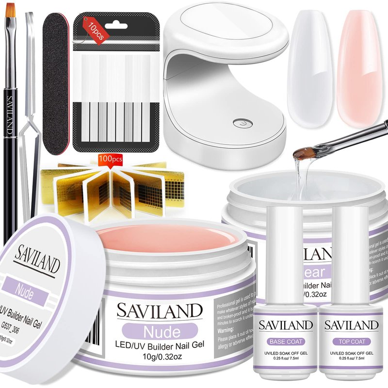 SAVILAND Builder Nail Gel Set - 2 Basic Colors Nail Extension Kit for Thickening Strengthening & Apex Building with Foundation Gel Top Gels LED Lamp Brush 100 Pcs Nails Forms for Home Salon