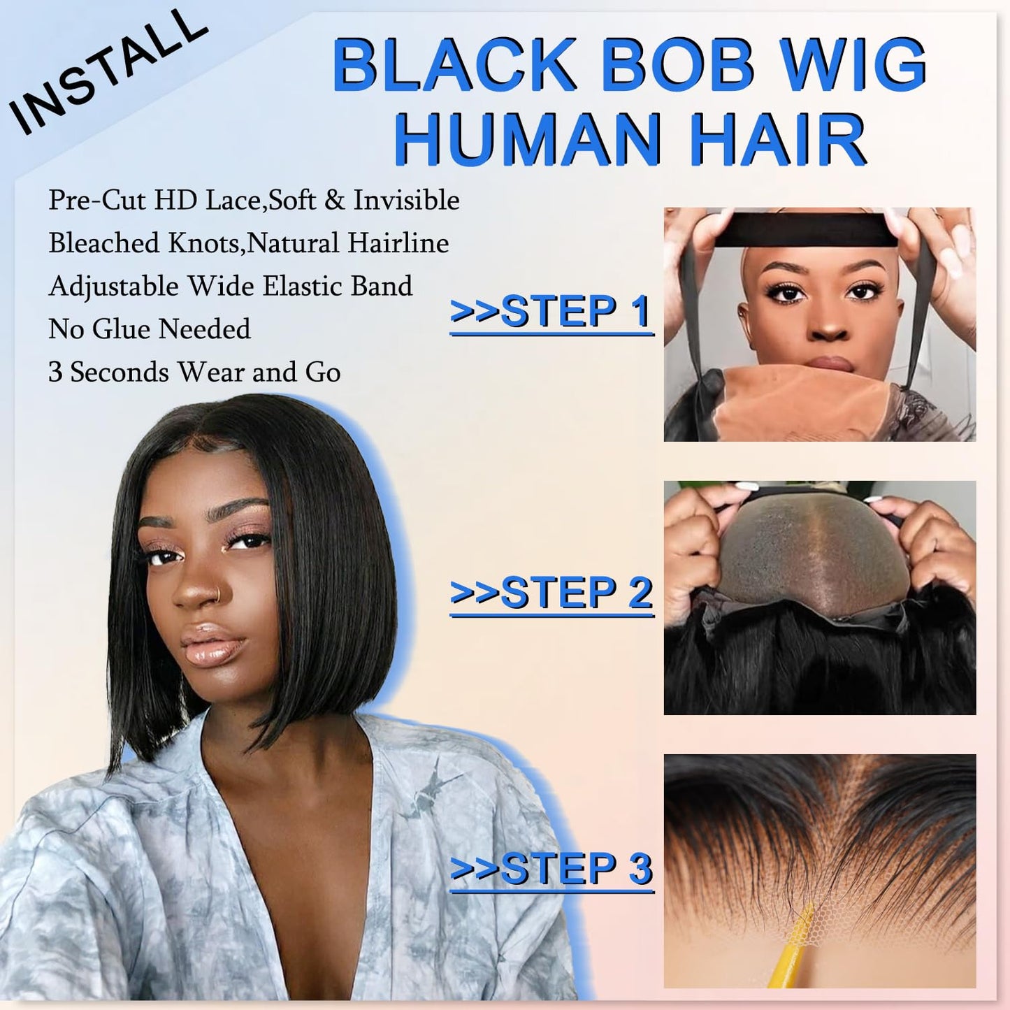 XZZ Wear and Go Glueless Bob Wig Human Hair Pre Plucked Pre Cut 200% Density Black Bob Human Hair Wig 12 Inch 9x6 HD Closure Lace Front Glueless Wigs Human Hair Short Straight Bob Wigs for Women