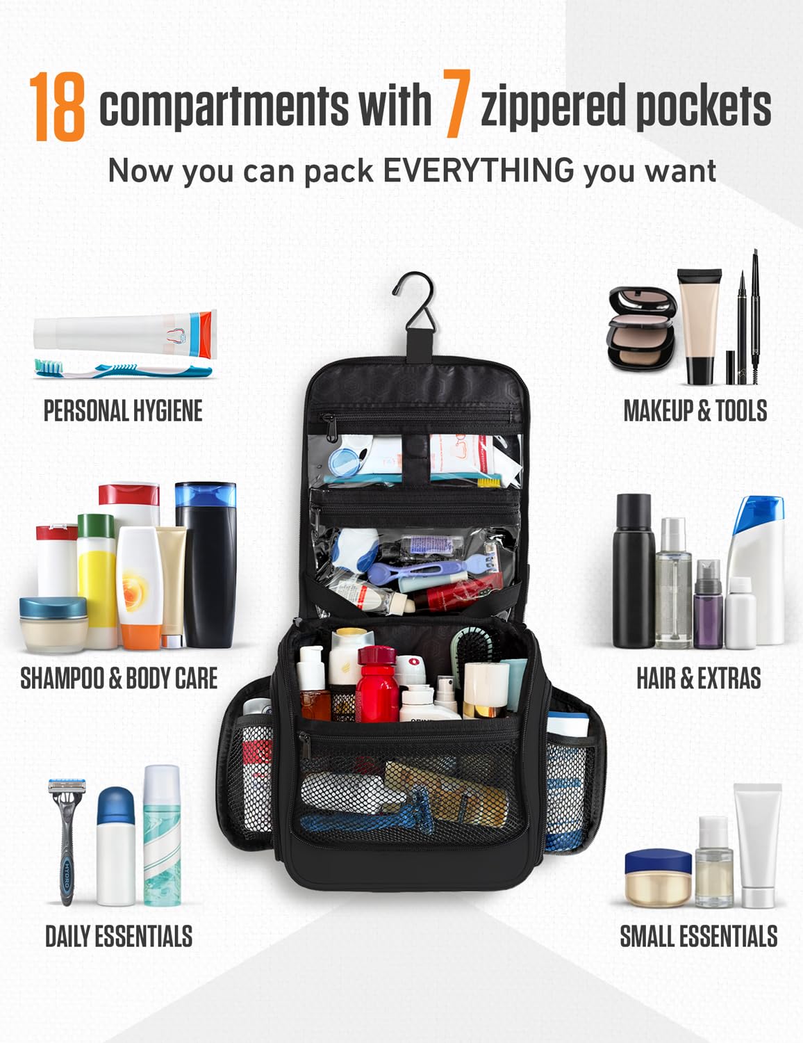 VENTURE 4TH Hanging Travel Toiletry Bag, 18 Compartments - Black
