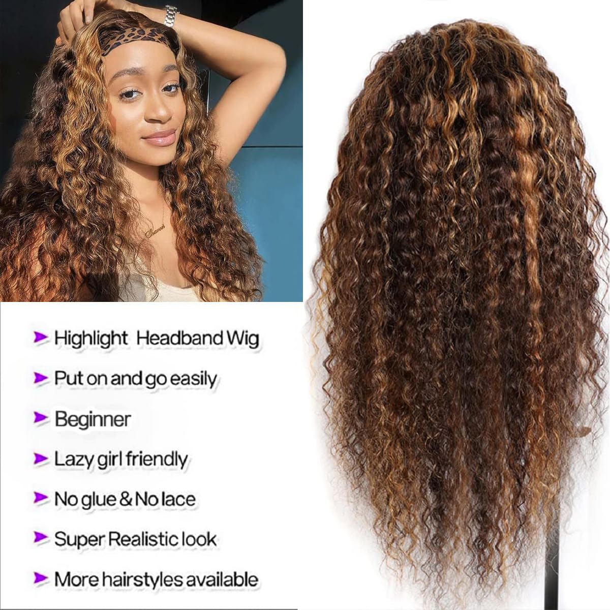 mmiQus Headband Wig Human Hair Water Wave None Lace Front Glueless Curly Wig With Pre-Attached Scarf For Black Women Put And Go Wig Natural Beginner-Friendly 14 Inch