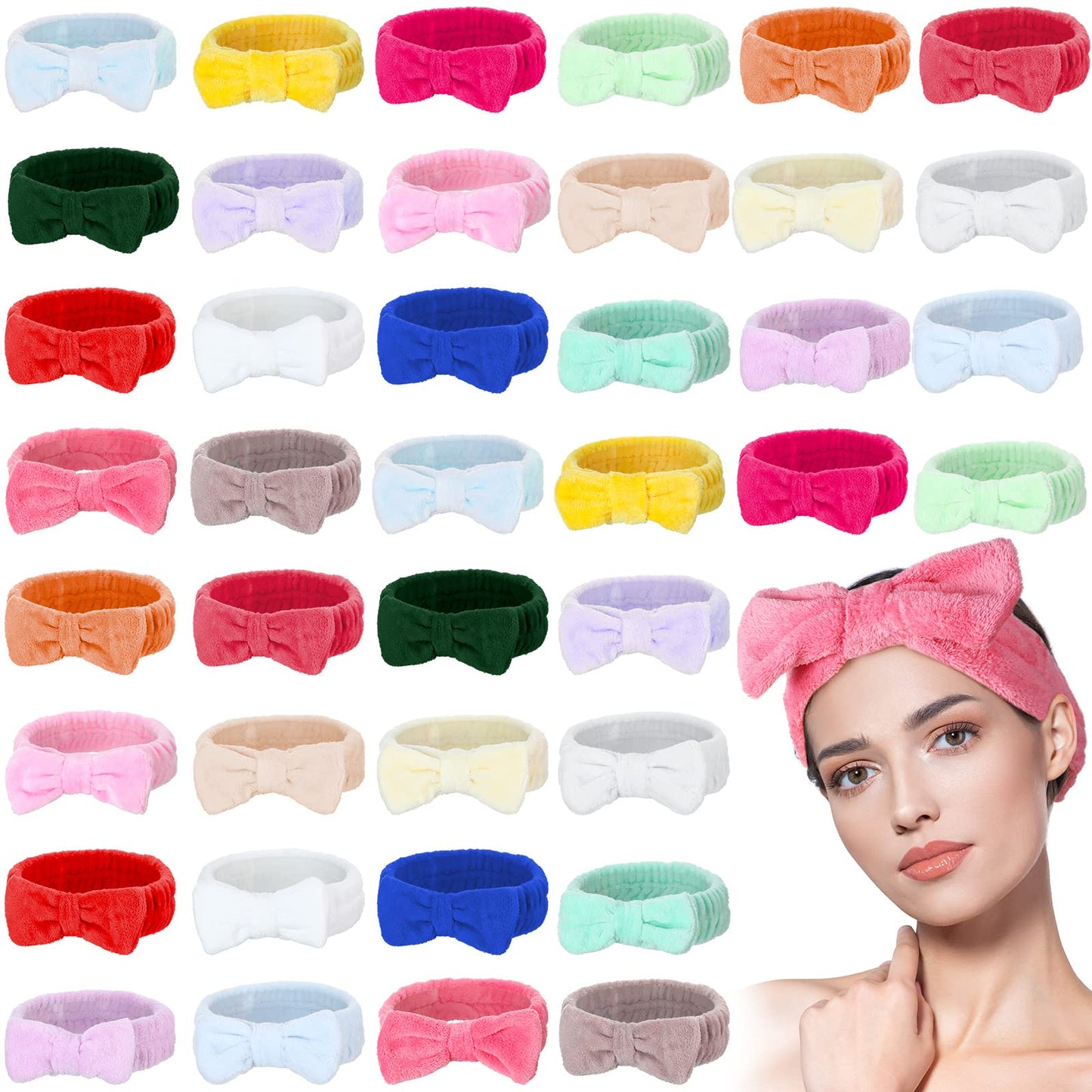 Yinder 40 Pack Bow Spa Headband Coral Fleece Makeup Headband Soft Face Wash Headbands Cosmetic Skin Care Headbands Facial Head Wraps Cute Bow Head Bands for Women Girls Shower Supplies (Pure Style)
