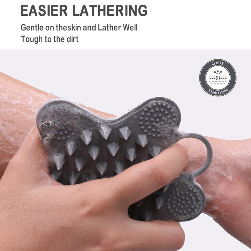 LUCKSTELLA Food-Grade Silicone Body Scrubber, 2 in 1 Silicone Body Brush for Shower, Gentle Exfoliating and Lather Well, Gentle Scrubber for Sensitive Skin, Easy-to-Clean(Grey,1-Pack)