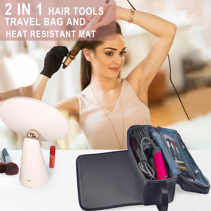 FAMOPLAY Hair Tools Travel Bag with Heat Resistant Mat Hair Styling Accessories Storage Case for Hair Dryer Flat Iron Straightener Curling Iron Haircare Accessories Travel Essentials for Women
