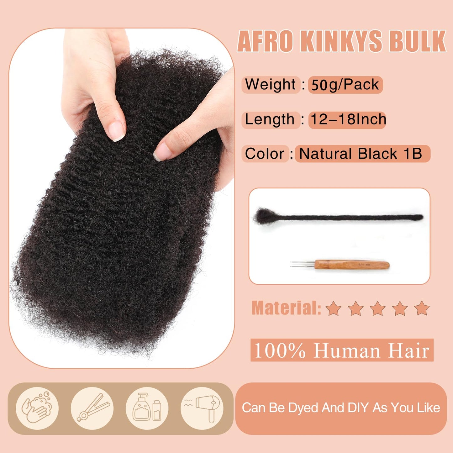 Afro Kinkys Bulk 100% Human Hair For Twist Dreadlock Extensions Afro Kinky Curly Human Braiding Hair For Repair Crochet Dreads Loc Twist Braids (#1B, 16Inch-50Gram)