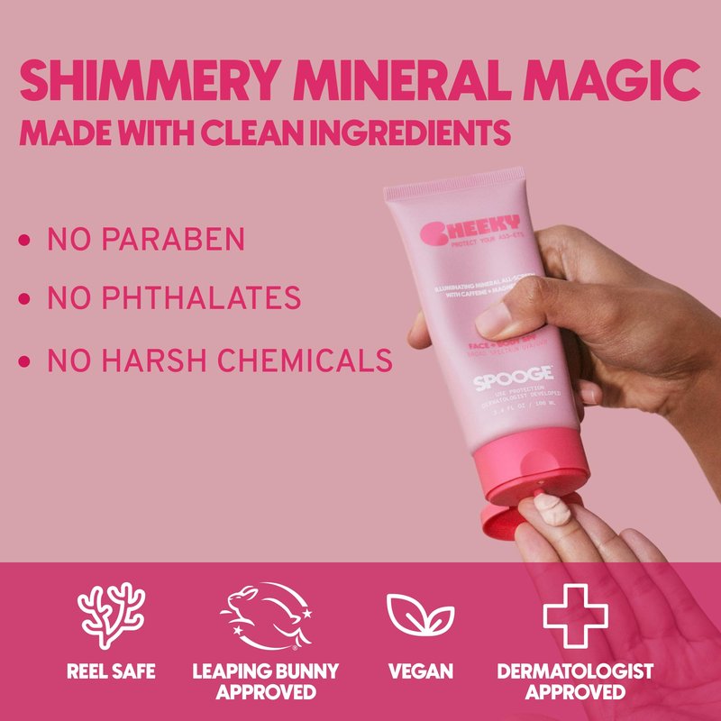 Spooge Cheeky | Shimmer Mineral Sunscreen SPF 30 | Zinc Oxide Sunblock | Glitter Sunscreen For Face & Body | Caffeine Infused Formula | Dermatologist Developed | Reef Safe Sunblock | 3.4oz