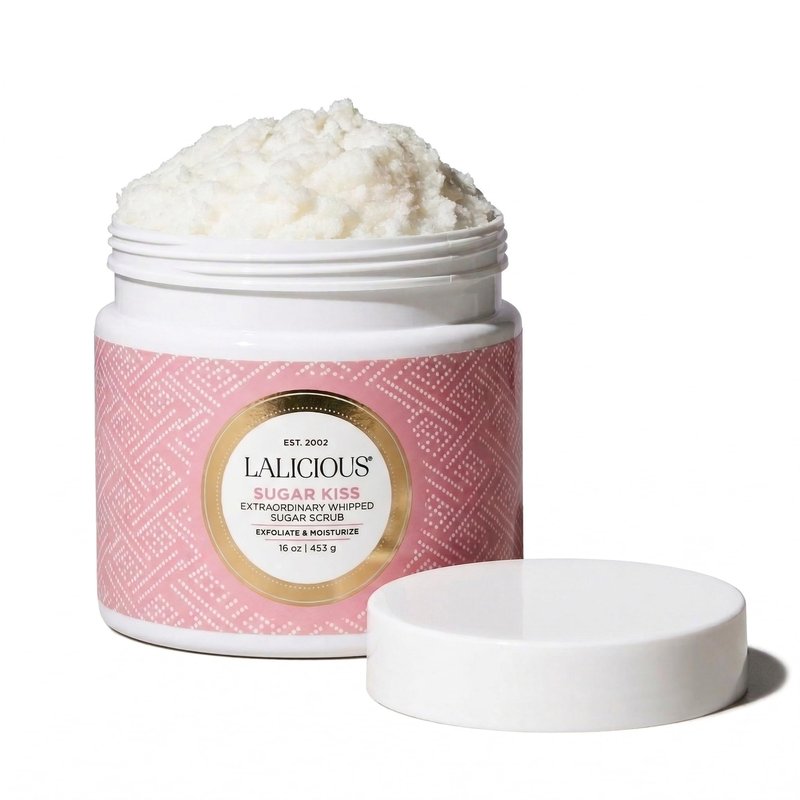 LALICIOUS Sugar Kiss® Exfoliating & Moisturizing Body Scrub | Sugar & Coconut Oil | Pre-Shave Scrub for Ingrown Hairs & Razor Bumps | Gently Buffs & Smooths Sensitive Skin | No Parabens | Large 16oz
