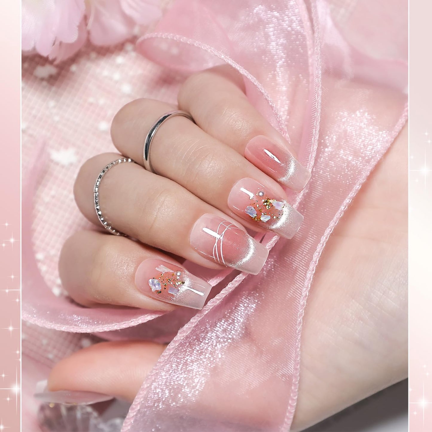 JODSONE Pink Square Press on Nails 3D Handmade Cat Eye Reuseable Fake Nail Tips Ready to Wear - Medium