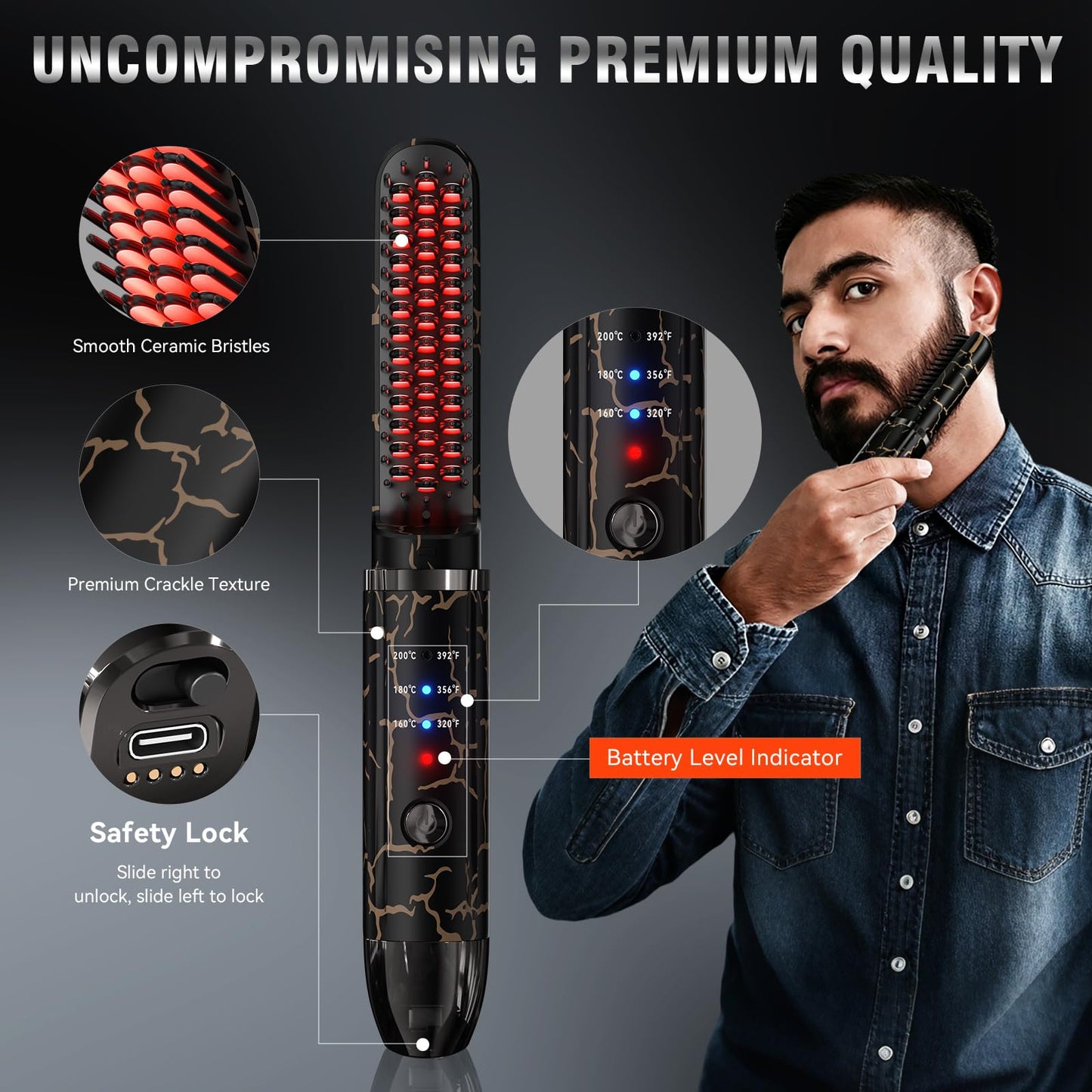 Beard Straightener for Men, Cordless Beard Heated Brush and Hair Straightener Hot Comb with 3 Temp Settings, Anti-Scald, Ionic Technology for Home Travel