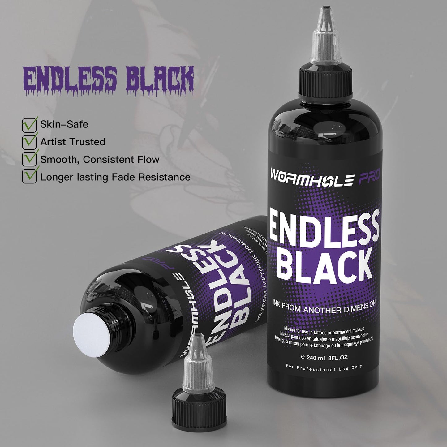 WORMHOLEPRO Endless Black 240ml (8oz) Professional Tattoo Ink, Ultra-Deep Black Ink for Shading, Linework & Blackout Tattoos – High-Density, Vegan – Bulk Tattoo Ink