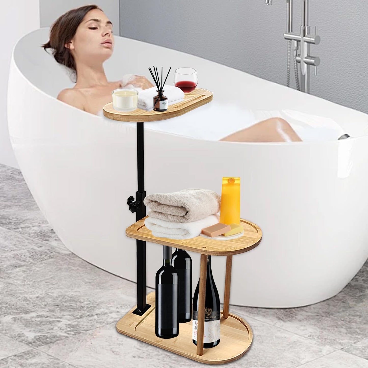 3 Layer Bath Tub Tray Table Liftable Freestanding Bamboo Bath Tray Caddy for Tub Against Wall Shelf Bathroom Organizer Shelf for Luxury Spa (Oval)