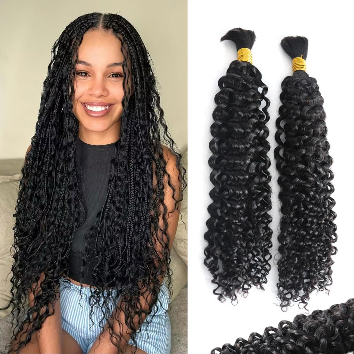 Human Braiding Hair - Boho Water Wave Bulk Extensions | Brazilian Virgin Curly, 14 Inch, Natural Color, 100g
