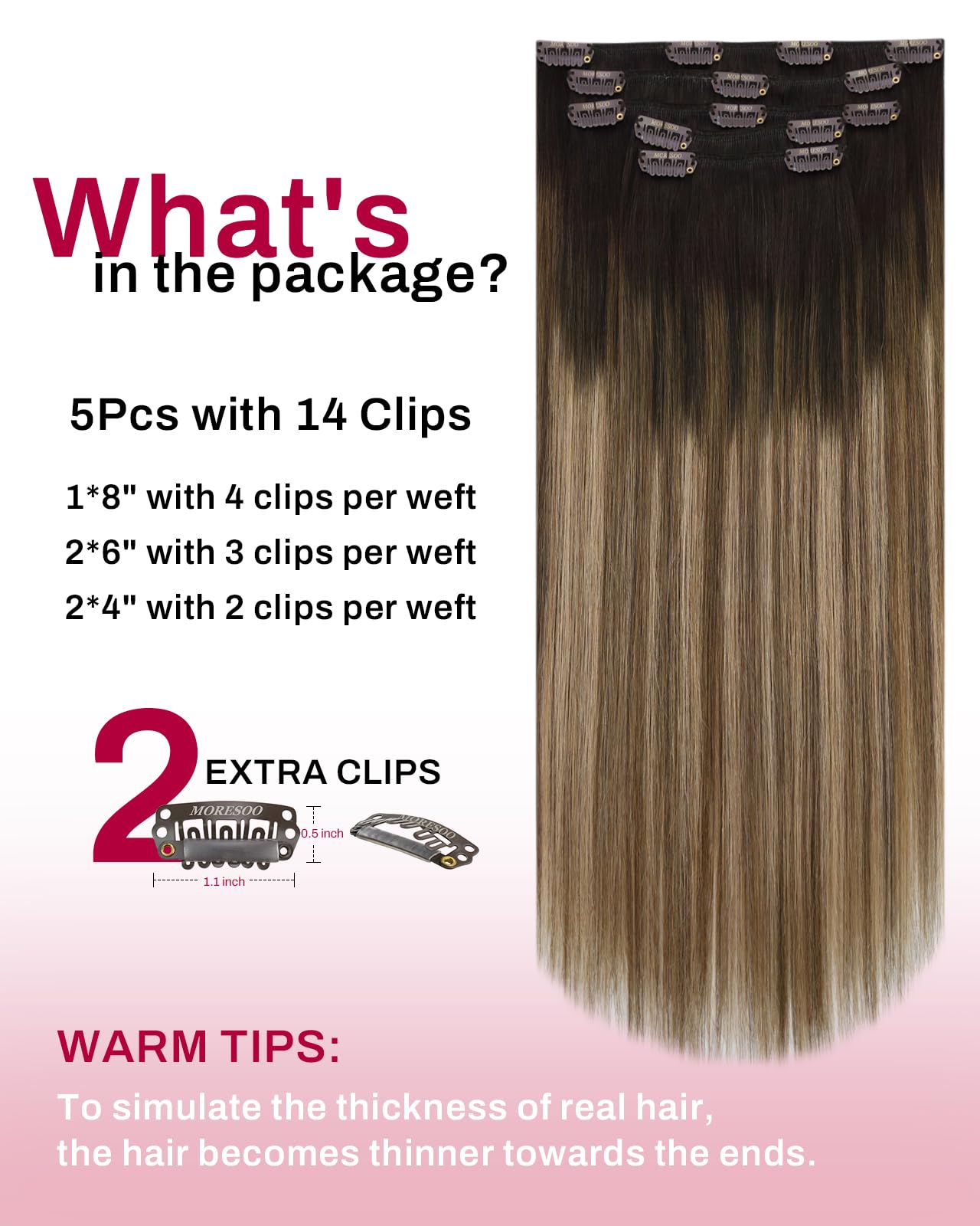 Moresoo Clip in Hair Extensions Real Human Hair Balayage Human Hair Clip in Extensions Ombre Dark Brown to Golden Brown With Blonde Hair Extensions Clip ins 12inch 80g 5pcs