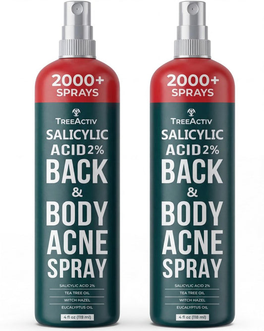 TreeActiv Salicylic Acid Back & Body Acne Spray, Fine Mist Back Spray for Bacne & Chest Acne, Tea Tree + Eucalyptus, Fast-Drying Non-Staining, 4 fl oz (2-Pack, 8 fl oz Total)