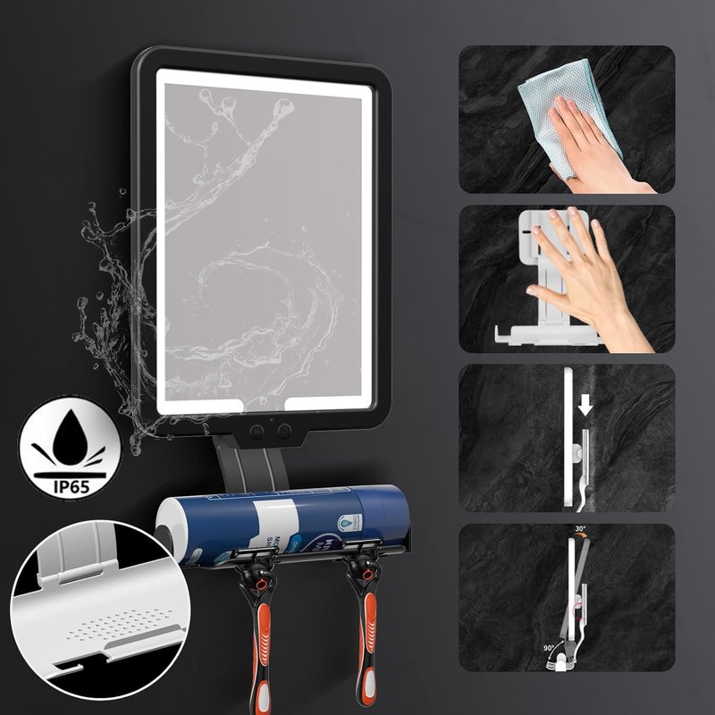 Fogless Shower Mirror for Shaving - LED Light, Dimmable Brightness | Strong Adhesive Backing, 3-Color Options