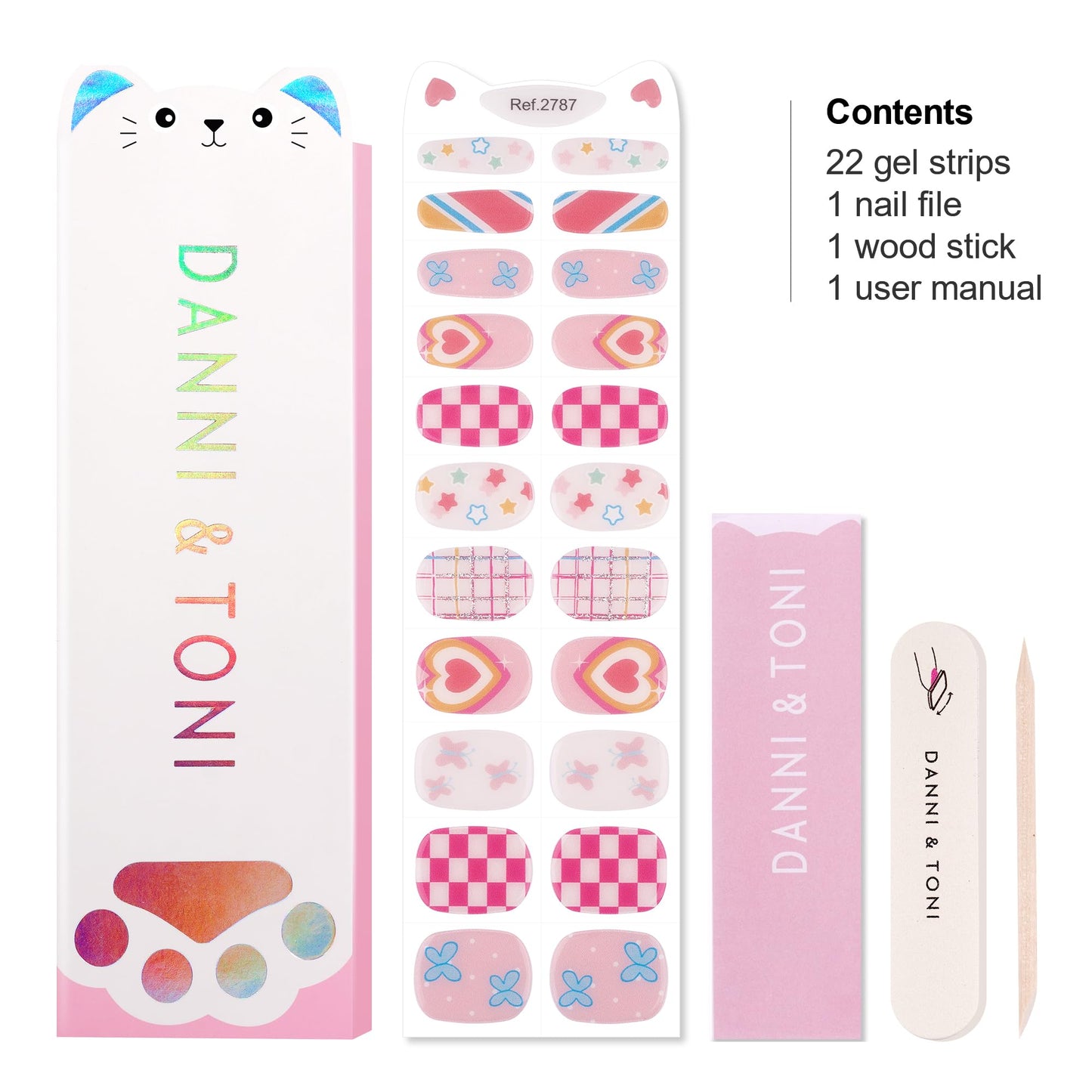 DANNI & TONI Kids Gel Nail Strips Heart Checker Butterfly Stars Salon-Quality Peel & Stick Manicure for Children (Age 6+)– Safe, Long-Lasting, Easy to Apply |Flutterheart