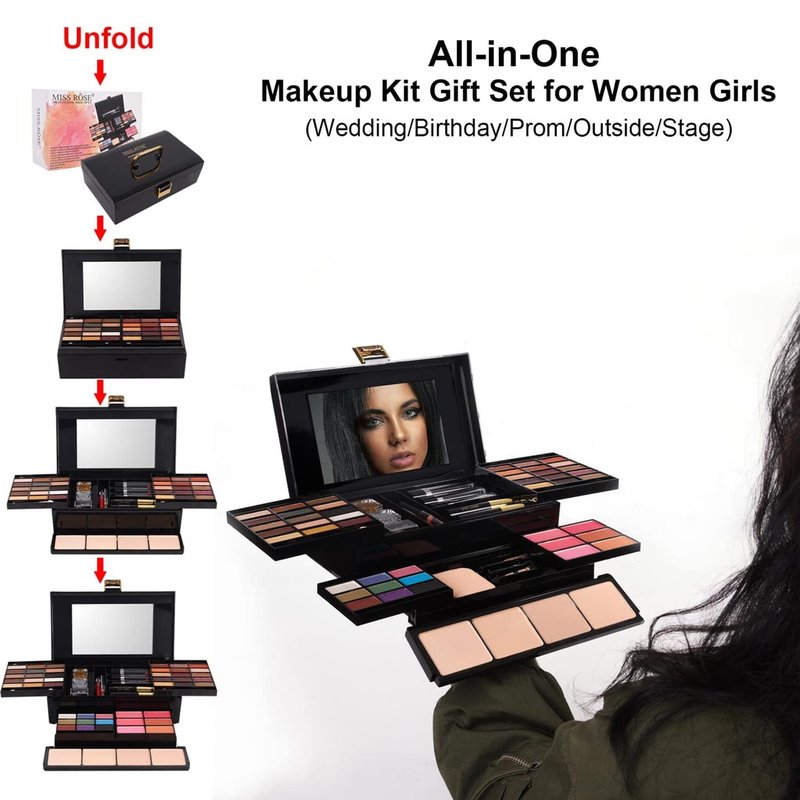 MISS ROSE 190 Colors Cosmetic Make up Piano Box Set,Combination with Eyeshadow /Facial Blusher /Eyebrow Powder /Eyeliner Pencil /Mirror,All-in-1 Makeup Gift Set (Color B)