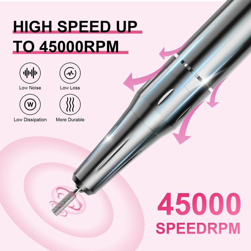 MIRAGE LAYON 45000RPM Professional Nail Drill Kit for Home & Salon - Electric Nail File with LCD Display, 6 Drill Bits, Low Noise Design - Portable Manicure Tool for Gel, Acrylic, Pedicure (White)