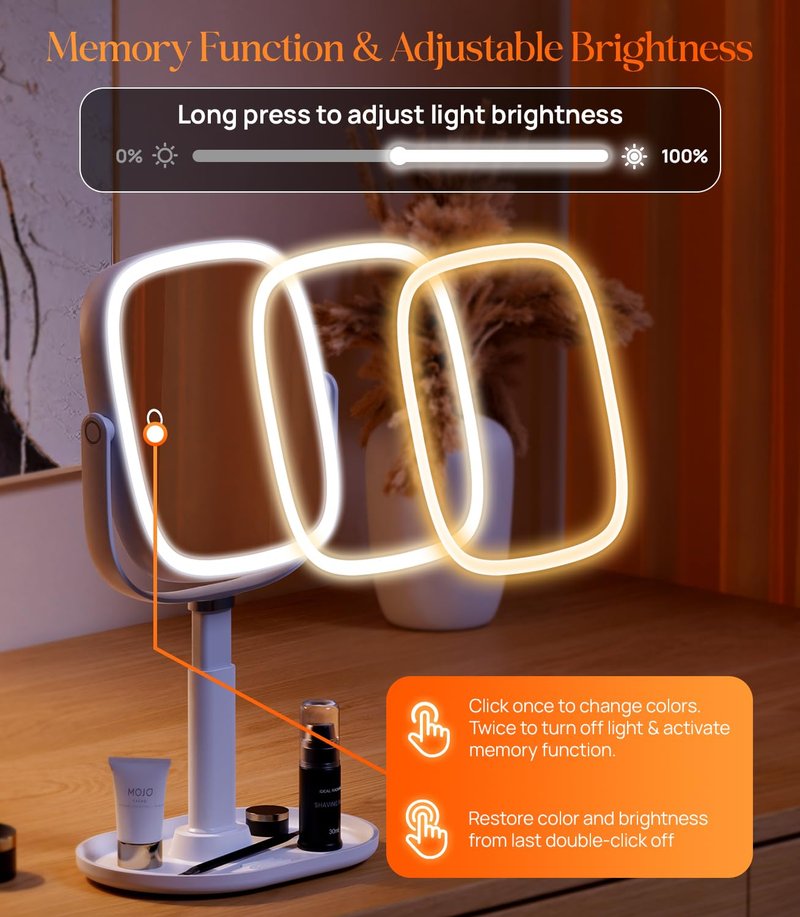 Lighted Makeup Mirror with 1X/10X Magnification - Adjustable Height, 4000mAh Battery, 3 Color Lights | White
