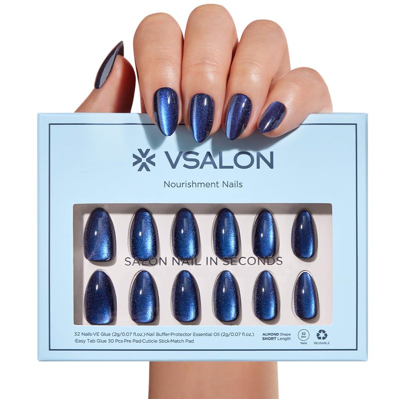VSALON Press on Nails Short Almond - Blue Cat Eye Chrome Glue On Nails Kit for Women, Reusable Opaque Gel Stick on Nails For 4th of July with Glue & Cuticle Oil - 32 PCS Fake Nails in 16 Sizes