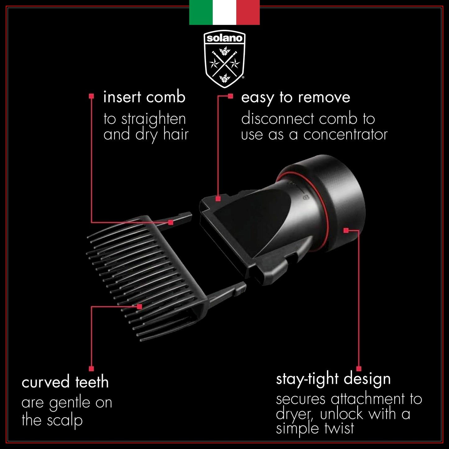 Solano 2 in 1 Dryer Attachment Universal Professional Comb & Concentrator - Italian Made - Straighten Hair - Comb Gentle on Scalp