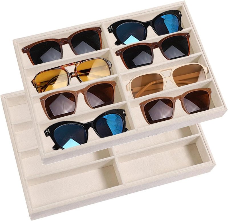 Sunglass Organizer Tray - Stackable Velvet Display for Drawers | 2 Pcs, 8 Grids