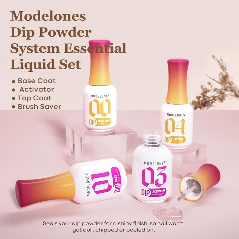 Modelones Dip Powder System Set - 4 Pcs Base Coat, Top Coat, Activator & Brush Saver | Nail Art DIY Kit - 15ml/0.5oz