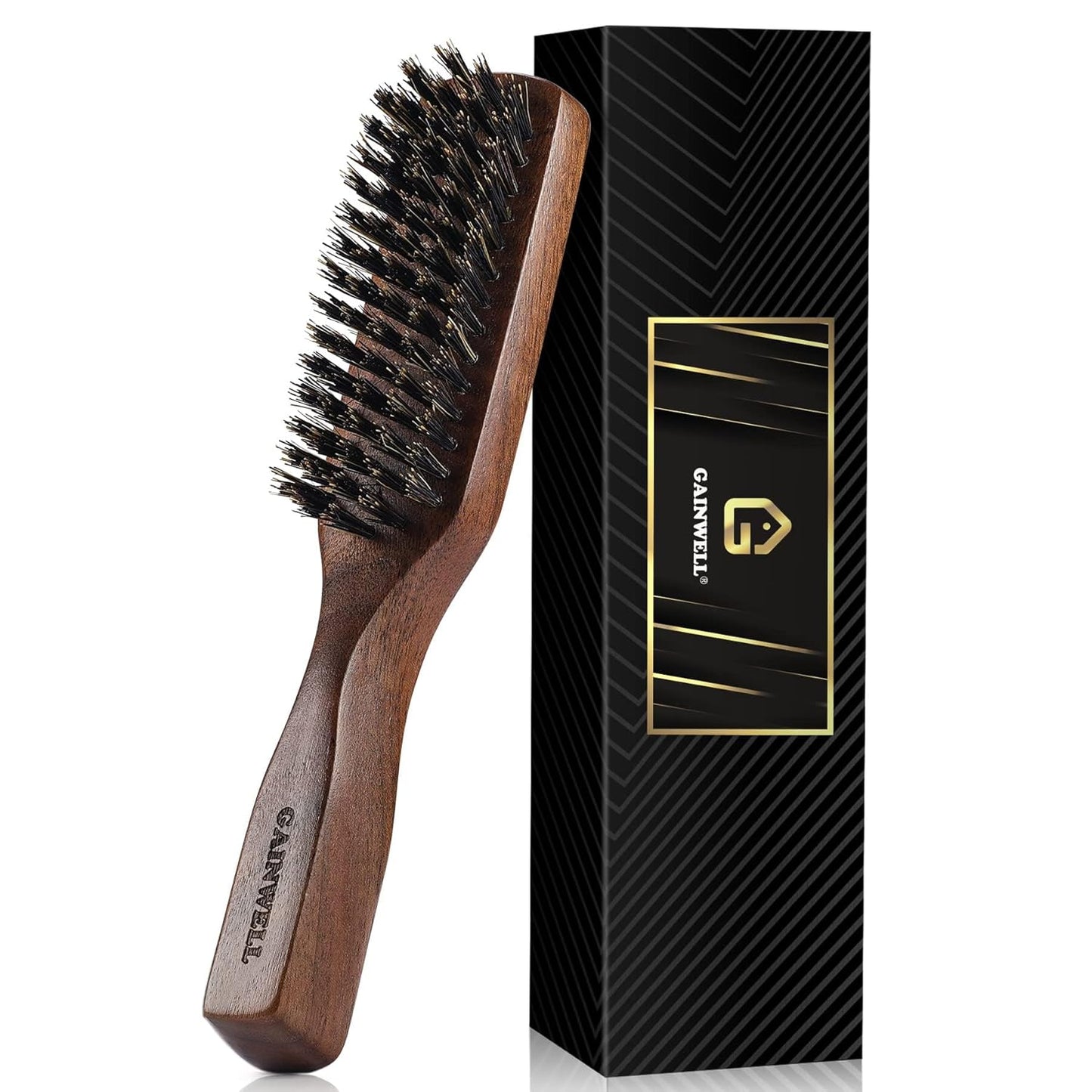 Gainwell Men's Wild Boar Bristle Hair Brush - Stiff Bristles for Thick & Thin Hair | Natural Black Walnut Handle