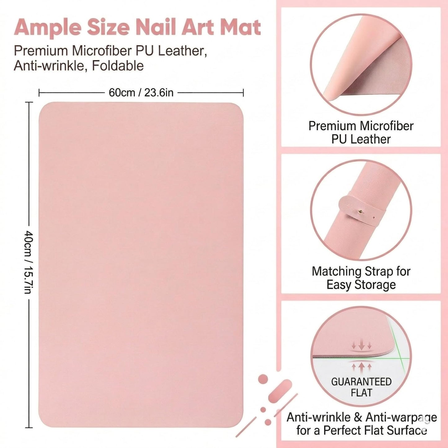 2 PCS Nail Art Table Mat, Soft Microfiber PU Leather Nail Pad, Foldable Nail Art Rest Pad, Reusable Nail Mat for Table Desk, Acrylic Nail Desk Mat for Nail Cushion(Pink+Black)