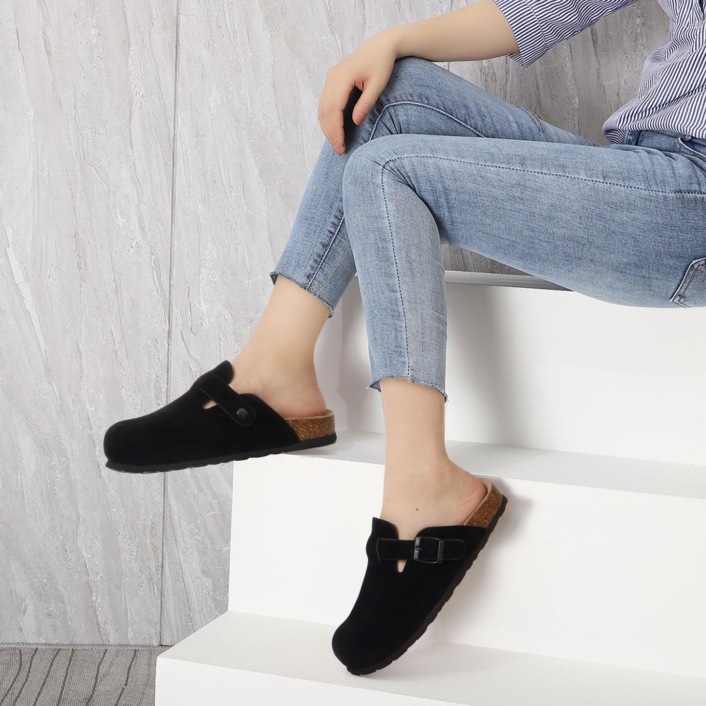 KIDMI Unisex Vegan Suede Clogs Leather Mules Womens Mens Cork Footbed Potato Shoes with Arch Support, Vegan Suede Black, Size 37