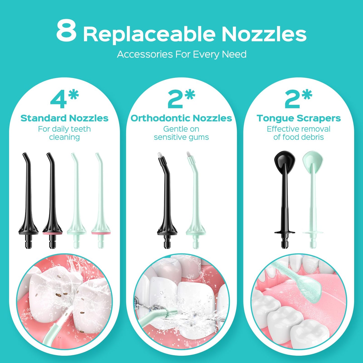COSLUS C30 Water Dental Flosser Pick for Teeth: 4 Modes Cordless Portable 300ML Larger Tank Water Teeth Cleaner IPX7 Flossing Cleaning Picks for Home Travel Black Green 2pcs Portable Set