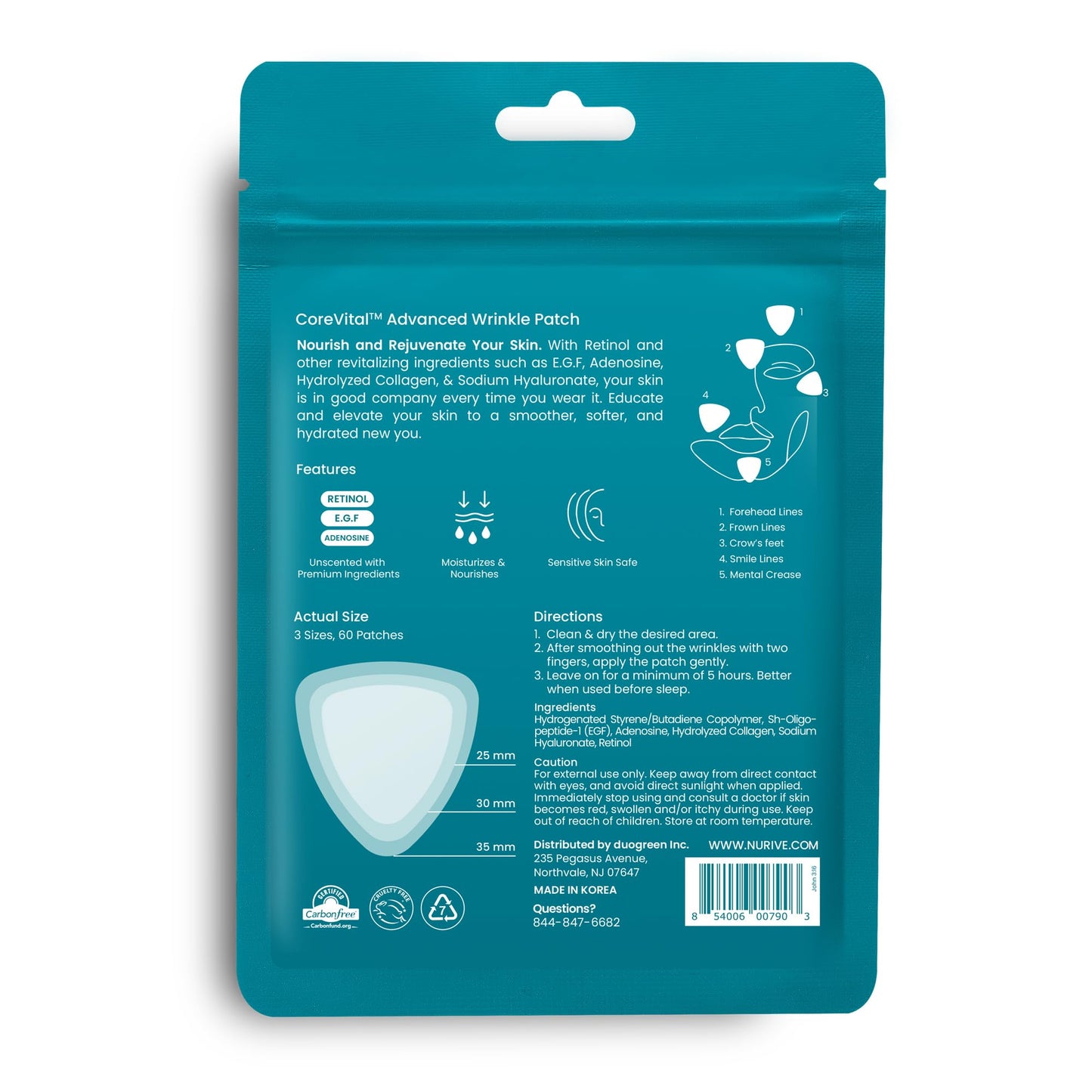 NURIVE Advanced Wrinkle Patches 60ct Smile Line, Frown Line Wrinkle Patches for Facial Korean Skin Care Face Wrinkle Tape Invisible Overnight with Retinol & Collagen (Small (Face))
