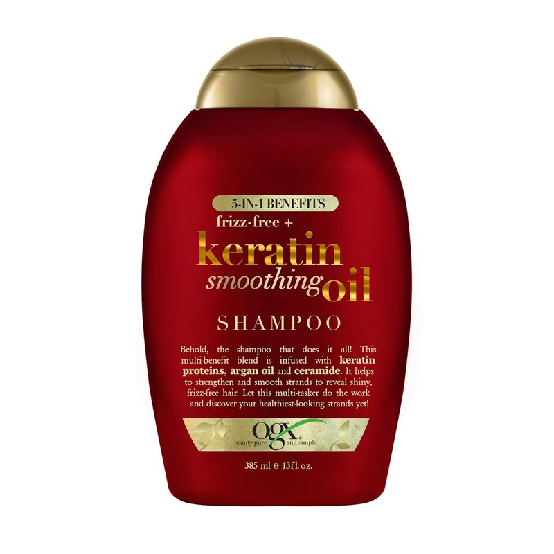 OGX Frizz-Free Keratin Smoothing Oil Shampoo - 5-in-1 Formula for Frizzy, Shiny Hair | 13 Fl Oz