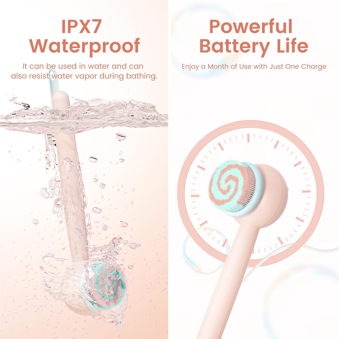 Electric Back Scrubber - Waterproof Rechargeable Body Brush with 3 Speed Modes | 2 Heads for Kids & Adults - Pink