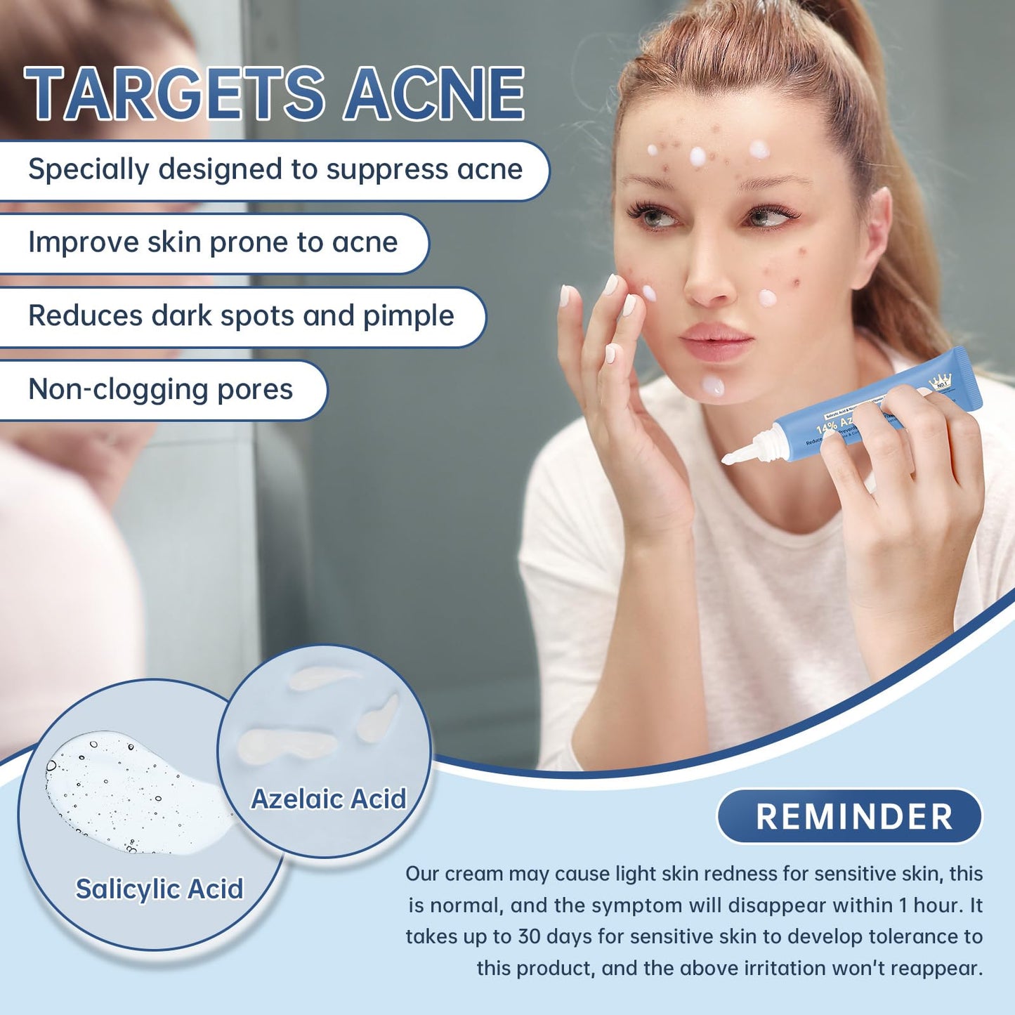 Azelaic Acid 14% Acne Cream for Redness Relief, Dark Spots, Facial Serum with Niacinamide & Vitamin C Prevent Acne Breakouts, Azelaic Acid Serum for Balance Excess Sebum & Soothe Irritation, 2 Oz.