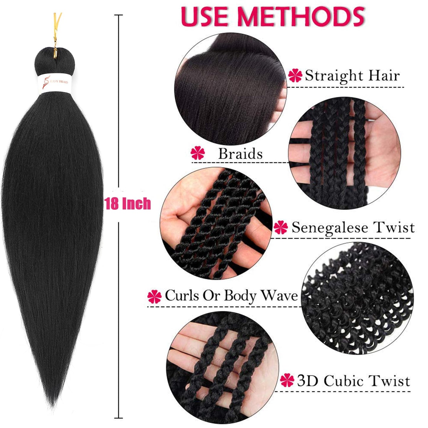Braiding Hair Pre stretched 18 Inch 8 Packs Pre stretched Braiding Hair Ago Black Pre Stretched Hair For Braiding Yaki Texture Synthetic Hair Extension Itch Free Hot Water Setting