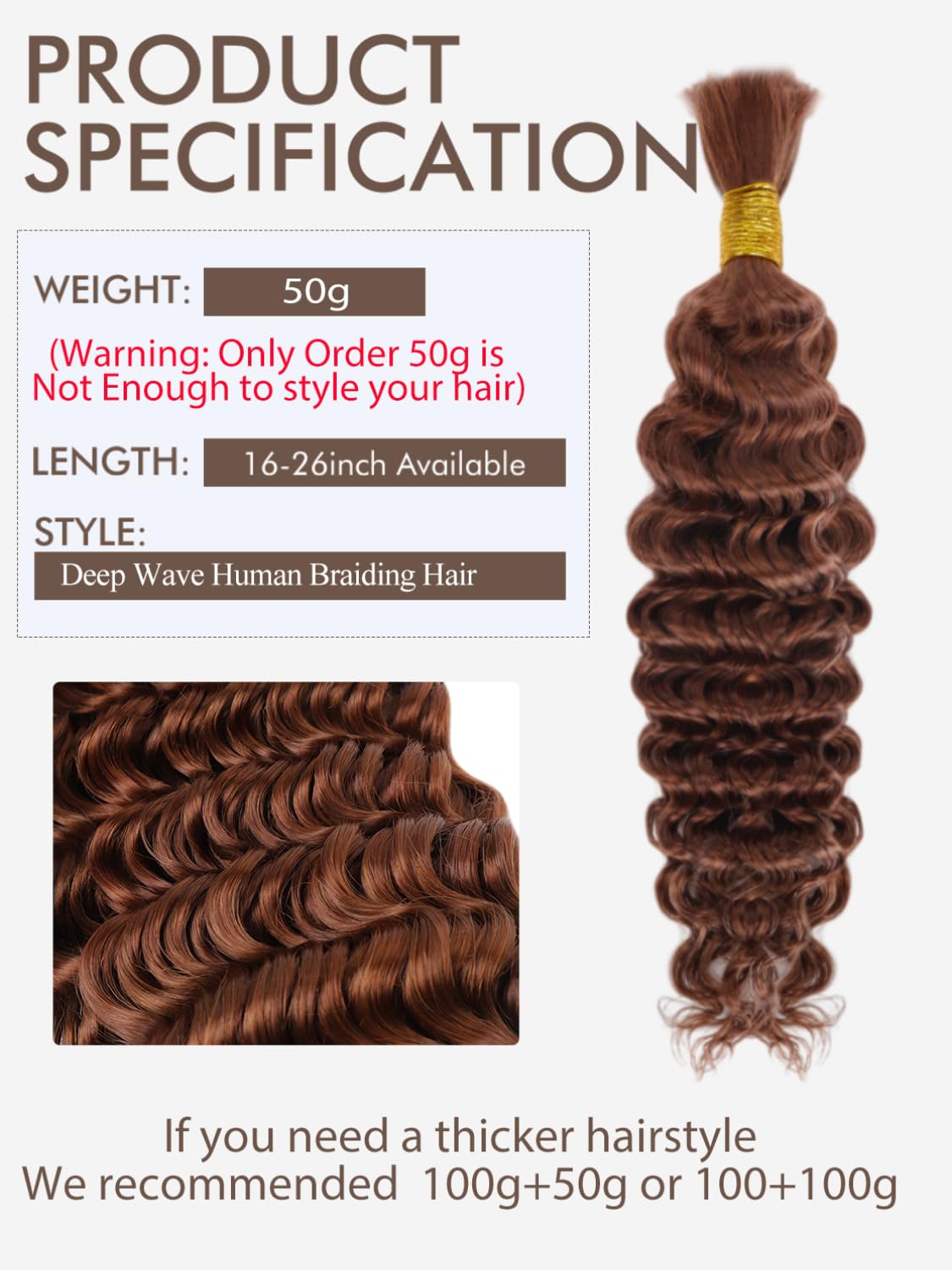 12A #30 Auburn Brown Human Braiding Hair for Boho Braids 1 Bundle 20 Inch 50g Deep Wave Braiding Hair for Bohemian Knotless Braids 100% Unprocessed Virgin Bulk Hair Extensions No Weft