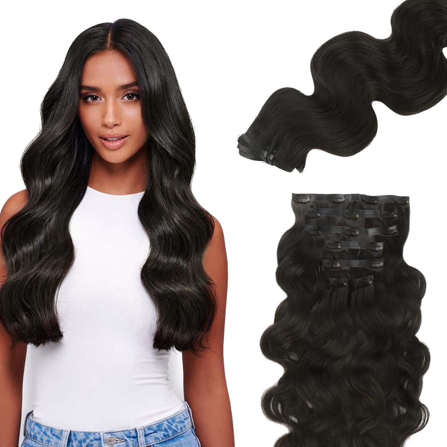 Lashey Seamless Clip in Hair Extensions Remy Human Hair Extensions, 110g 7pcs Body Wave Natural Black Clip in Hair Extensions Real Soft Human Hair Natural Black Human Hair Extensions 14 Inch
