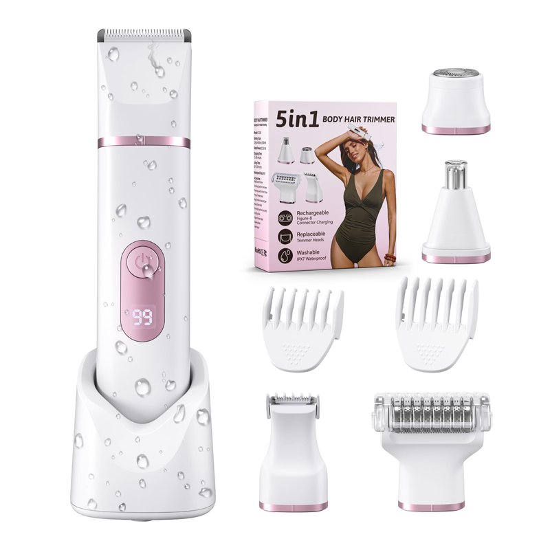 5-in-1 Bikini Trimmer for Women: Mothers Day Gifts, Travel Essentials, IPX7 Waterproof Electric Shaver Razor, Rechargeable Body Hair Removal with LED Display, 5 Replacement Ceramic Blade Heads