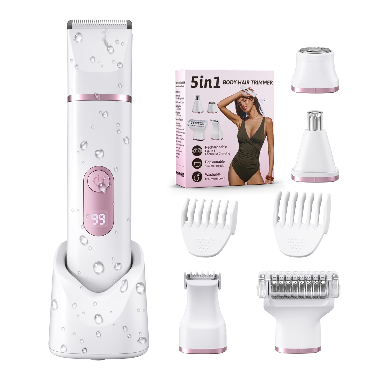 5-in-1 Bikini Trimmer for Women: Mothers Day Gifts, Travel Essentials, IPX7 Waterproof Electric Shaver Razor, Rechargeable Body Hair Removal with LED Display, 5 Replacement Ceramic Blade Heads