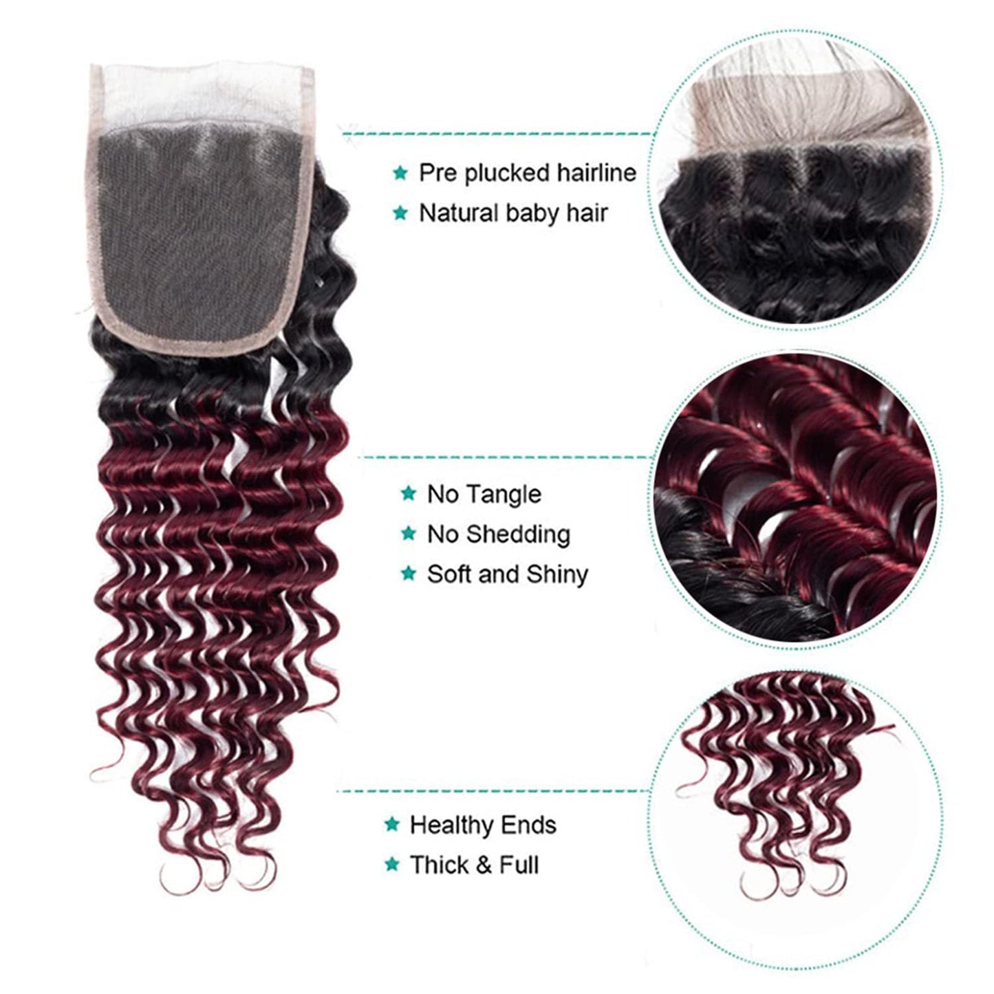 Deep Wave Human Hair Closure - 20 Inch 4x4 HD Transparent Lace | Black Burgundy Curly, High Density
