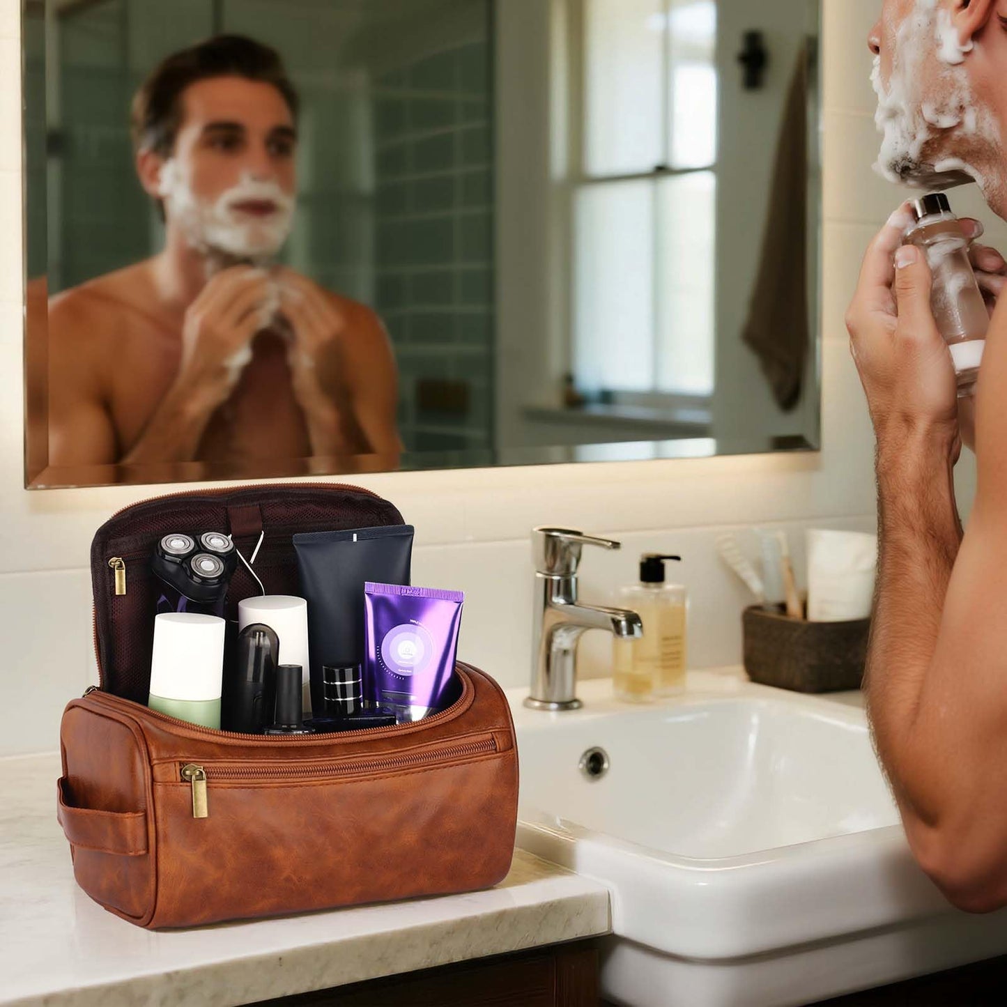 OXYEFEI Personalized Toiletry Bag for Men,Personalized Gifts for Men,Engraved Initial PU Leather Mens Toiletry Travel Shaving Travel Essentials Toiletries Bag for Him Birthday (K, Light Brown)