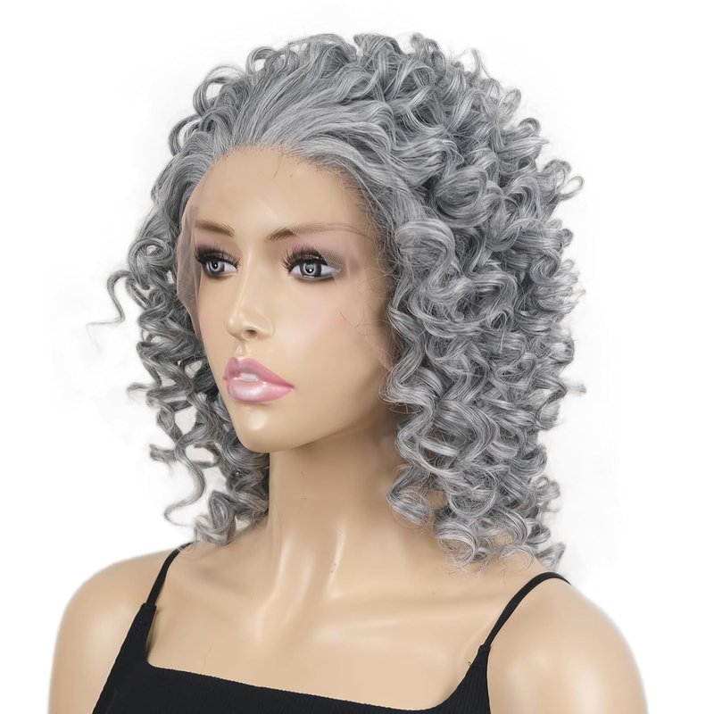 Grey Lace Front Curly Synthetic Wig - Heat Resistant Fiber for Daily Wear | Silver Color