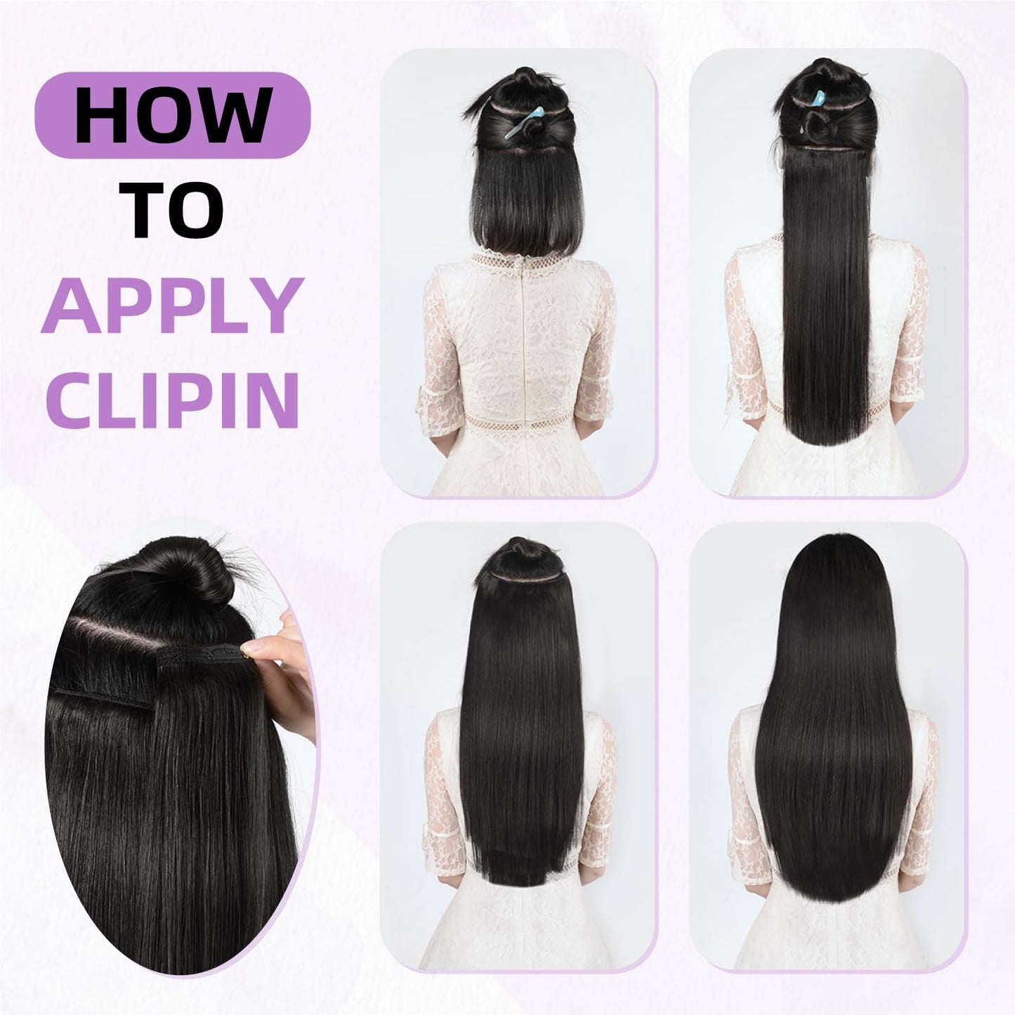 Real Human Hair Extensions - 100% Brazilian Remy Clip-In 20 Inch, Natural Black, 8pcs Set with Double Weft