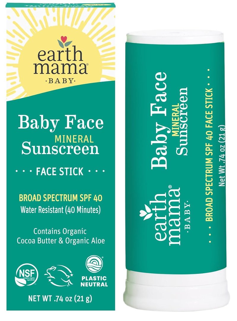Earth Mama Baby Face Mineral Sunscreen Stick SPF 40 | Non-Nano Zinc, Water-Resistant Protection for Kids & Family - 0.74 oz