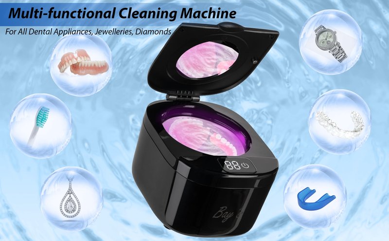 BAY'S 45kHz Ultrasonic Cleaner for Retainers, Night Guards, and All Dental Appliances – Includes 230ml Cleaning Basket – Perfect for Jewelry and Dental Accessories (Black)