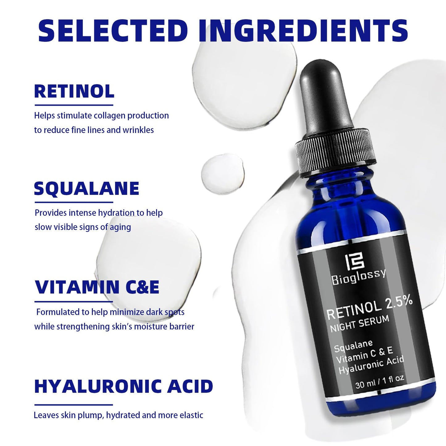 Bioglossy Retinol Serum for Face, 2.5% Retinol Intense Night Serum with Squalane,Vitamin C & E & B3,Hyaluronic Acid for Lines, Wrinkles & Premature Sun Damage to Resurface & Hydrate 30 ml/ 1 Fl oz