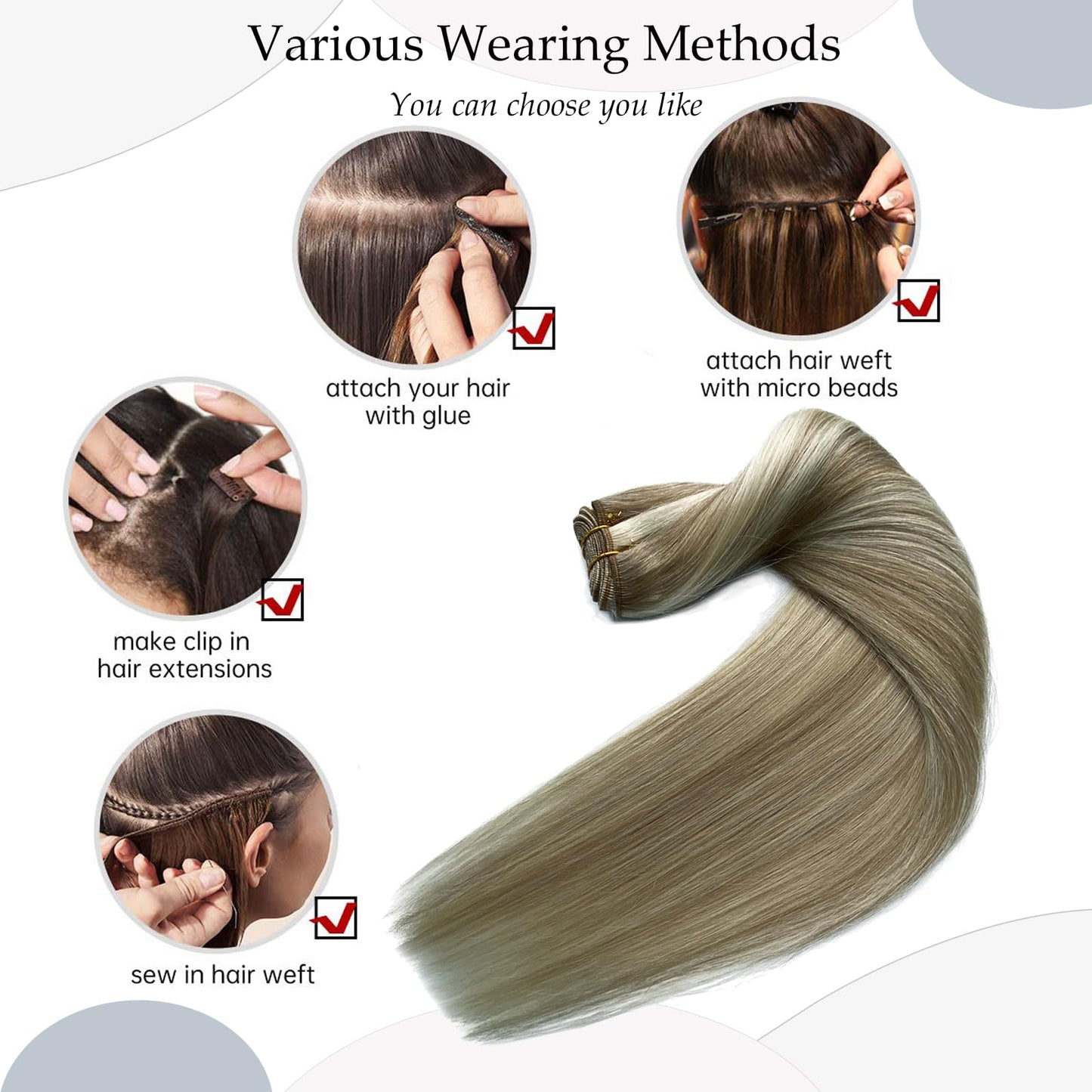Ash Blonde Balayage Blonde Highlights Sew in Hair Extensions Real Human Hair Hand Tied Weft Extensions Remy Human Hair Bundles 14 Inch 80G Sew in Weft Hair Extension Human Hair Weave