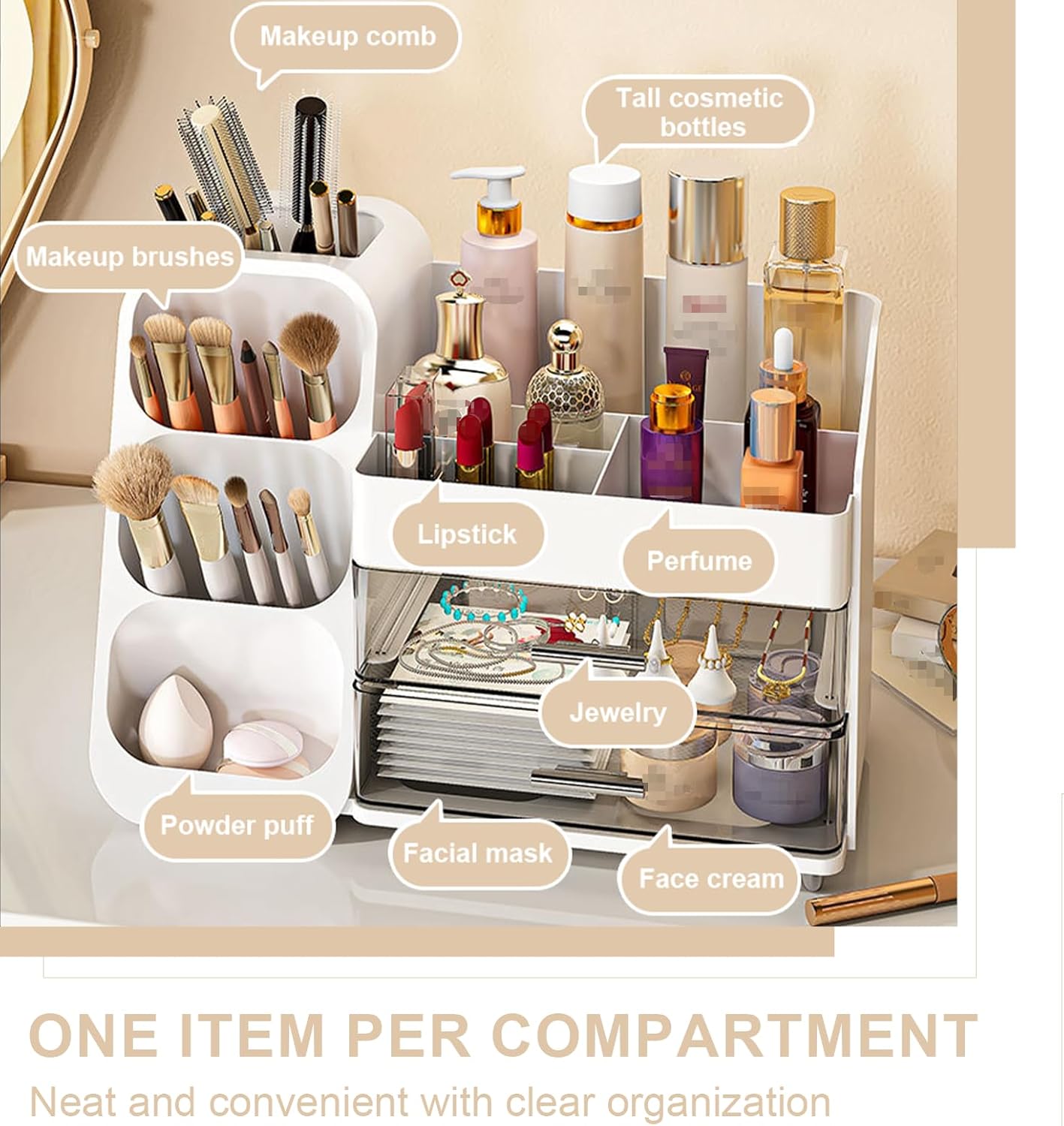 Makeup Organizer with Drawer - Skincare & Cosmetic Storage Box | Pink Beauty Holder for Lipstick, Brushes & Eyeliner