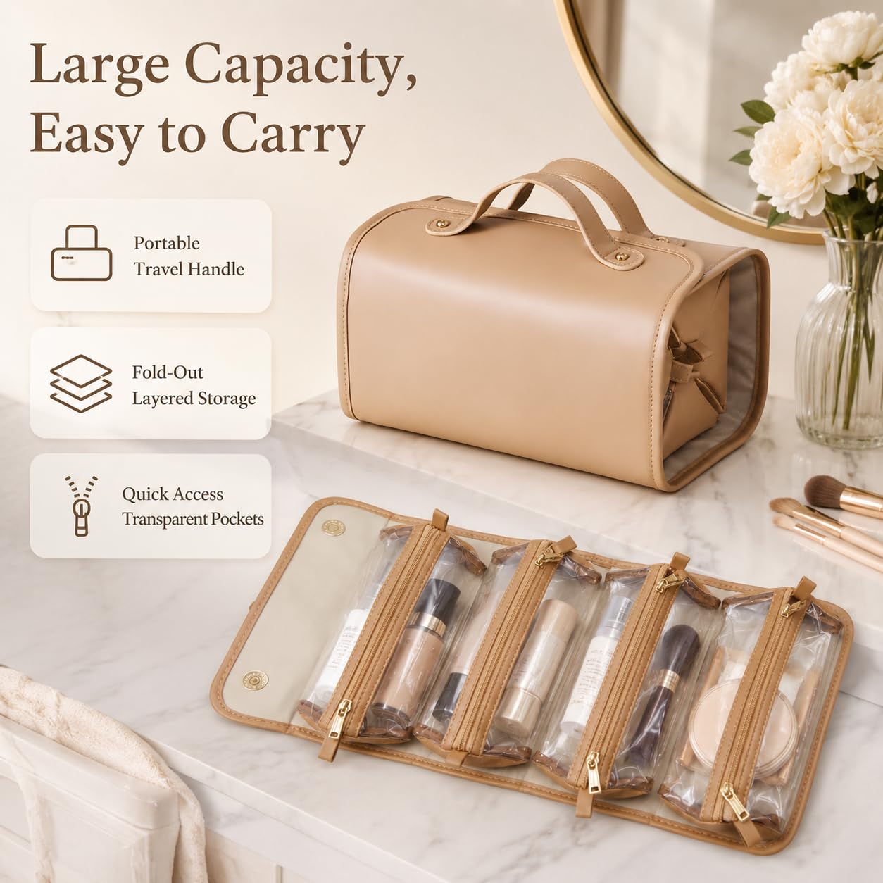 LuyaVogue Large Expandable Makeup Bag, 4-in-1 Waterproof Makeup bag, Cosmetic Bag with Detachable Interior Pockets, Ideal for Women Travel Essentials(Brown)